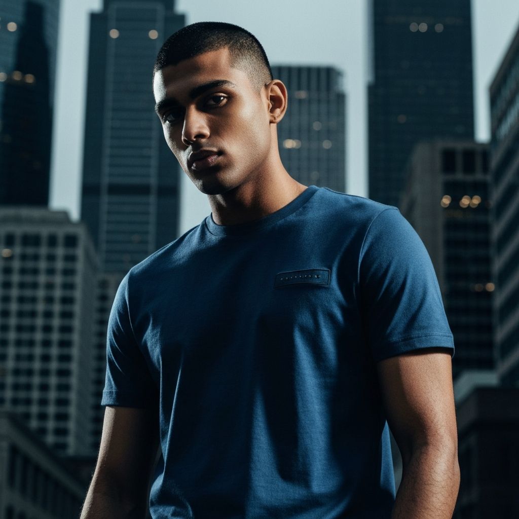 High-end fashion editorial photography with dramatic urban backdrop